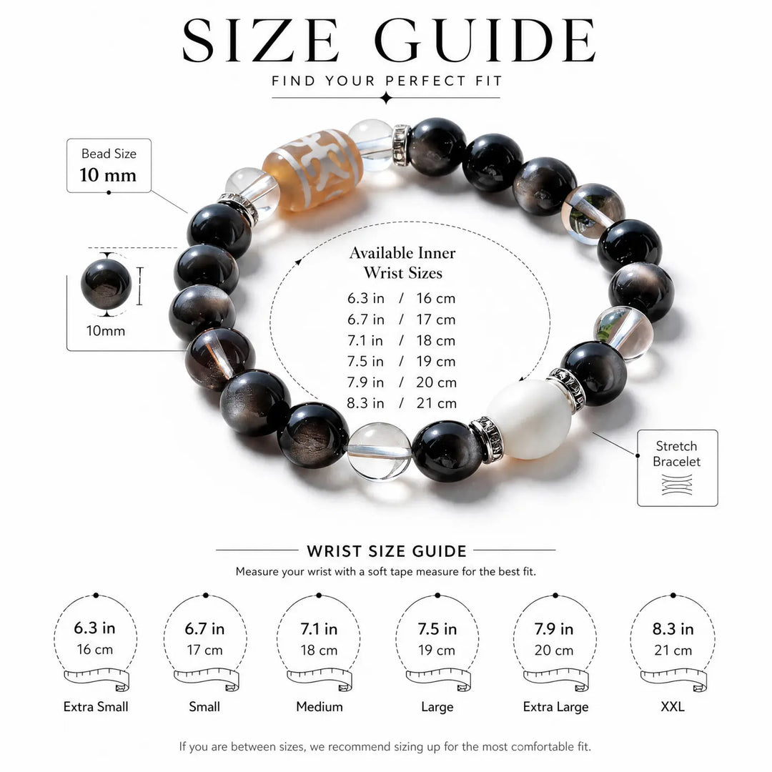 10mm Clear Quartz & Gold Sheen Obsidian & Obsidian Bracelet - 05 gold sheen obsidian bracelet size chart wrist guide
