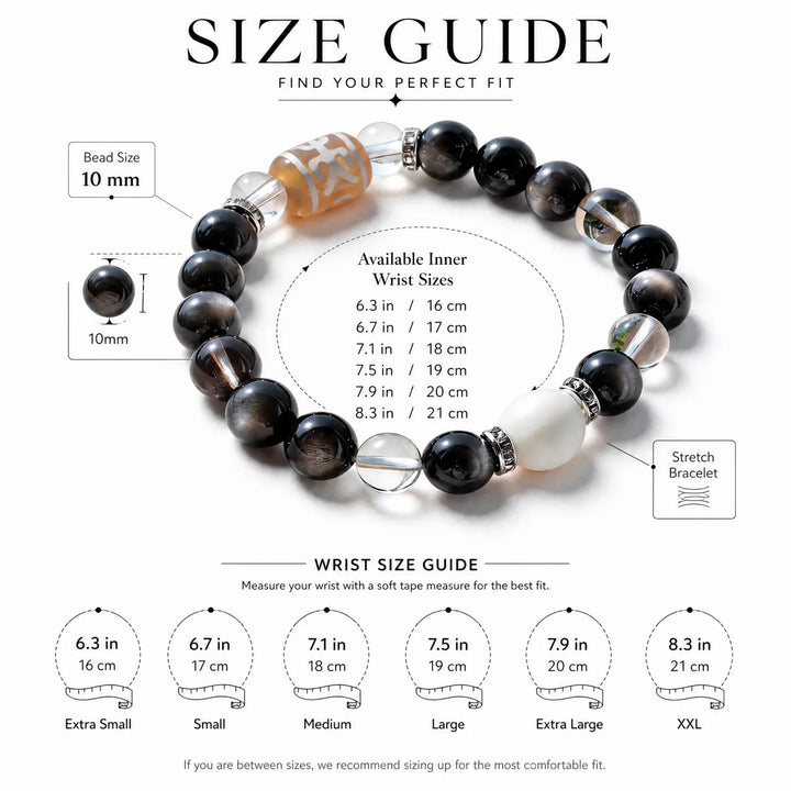 10mm Clear Quartz & Gold Sheen Obsidian & Obsidian Bracelet - 05 gold sheen obsidian bracelet size chart wrist guide