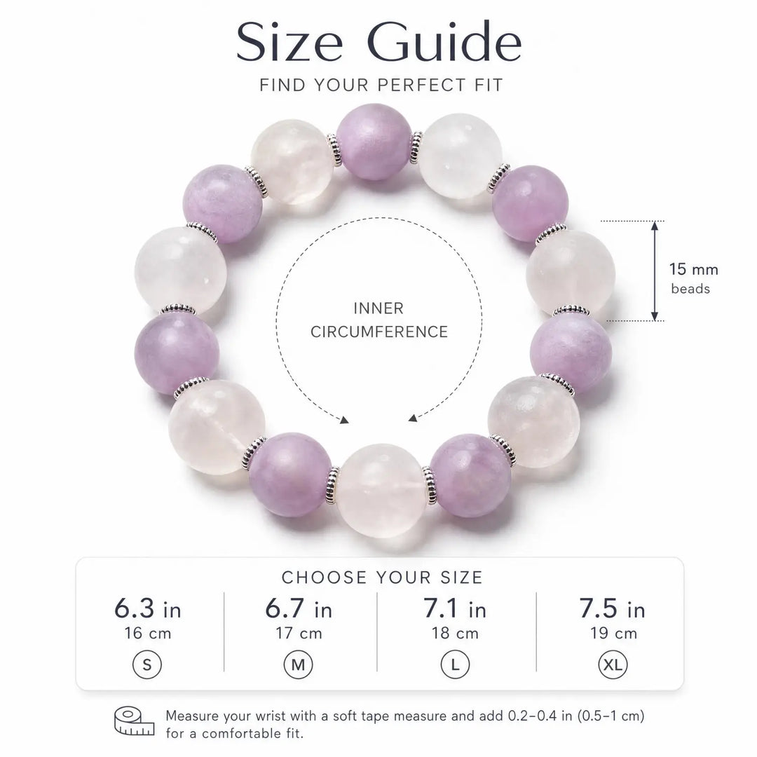 15mm Rose Quartz & Kunzite Bracelet - lavender amethyst bracelet size chart wrist guide