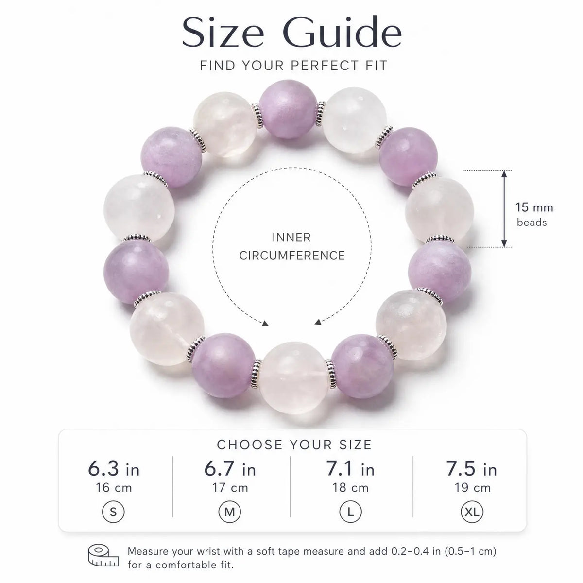 15mm Rose Quartz & Kunzite Bracelet - lavender amethyst bracelet size chart wrist guide