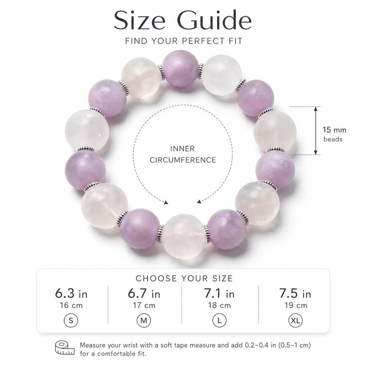 15mm Rose Quartz & Kunzite Bracelet - lavender amethyst bracelet size chart wrist guide