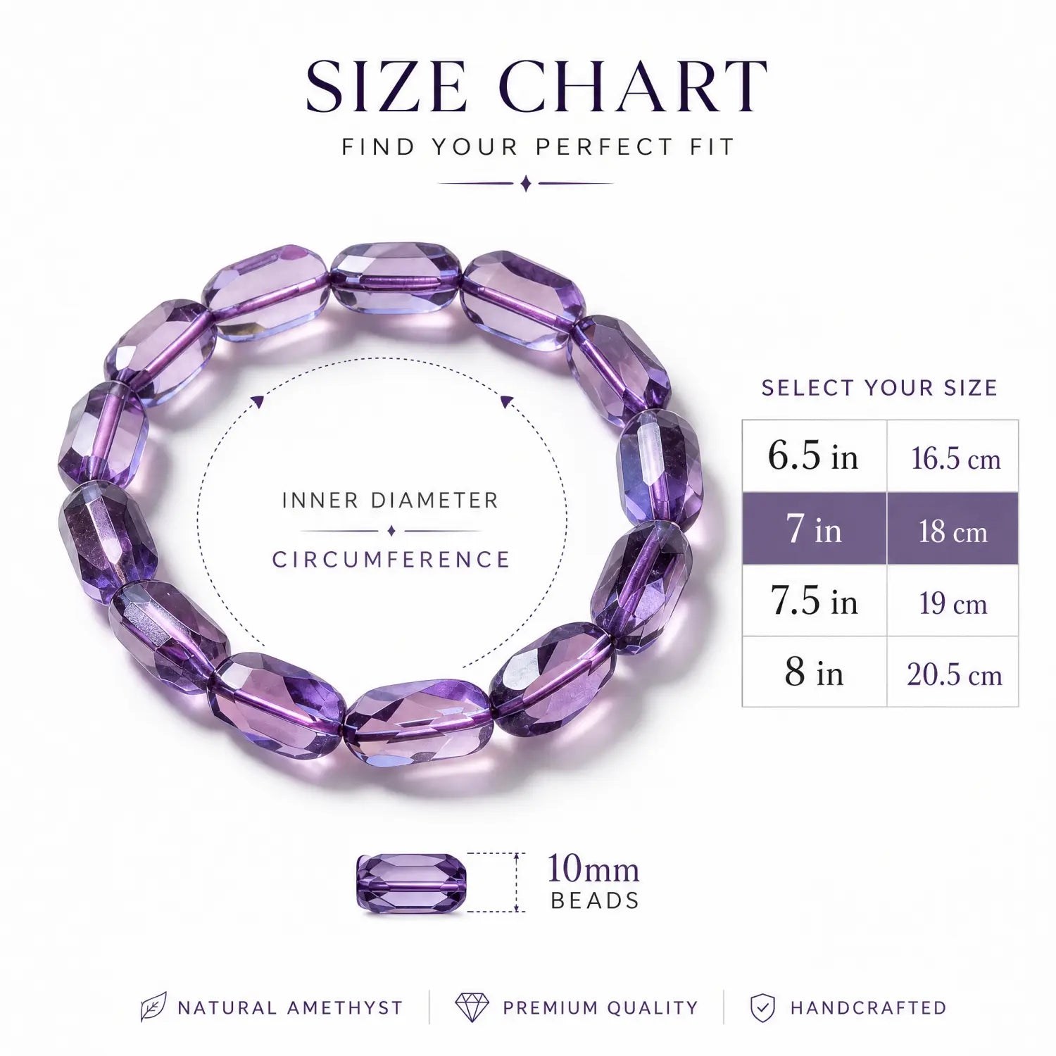 10mm Natural Amethyst Bracelet - lavender amethyst bracelet size chart wrist guide
