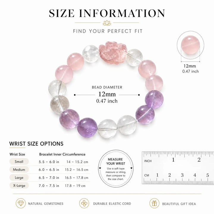 12mm Lavender Amethyst & Amethyst & Rose Quartz Bracelet - 05 mixed crystal bracelet size chart wrist guide
