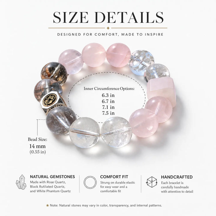 14mm Rose Quartz & Rutilated Quartz & White Phantom Quartz Bracelet - 05 mixed crystal bracelet size chart wrist guide