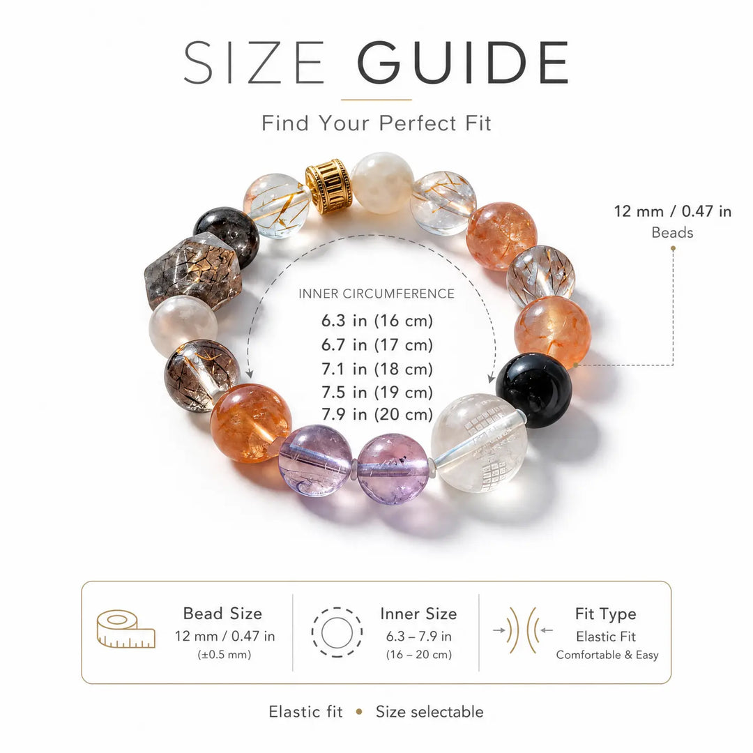 12mm Lavender Amethyst & Amethyst & Clear Quartz Bracelet - 05 mixed crystal bracelet size chart wrist guide