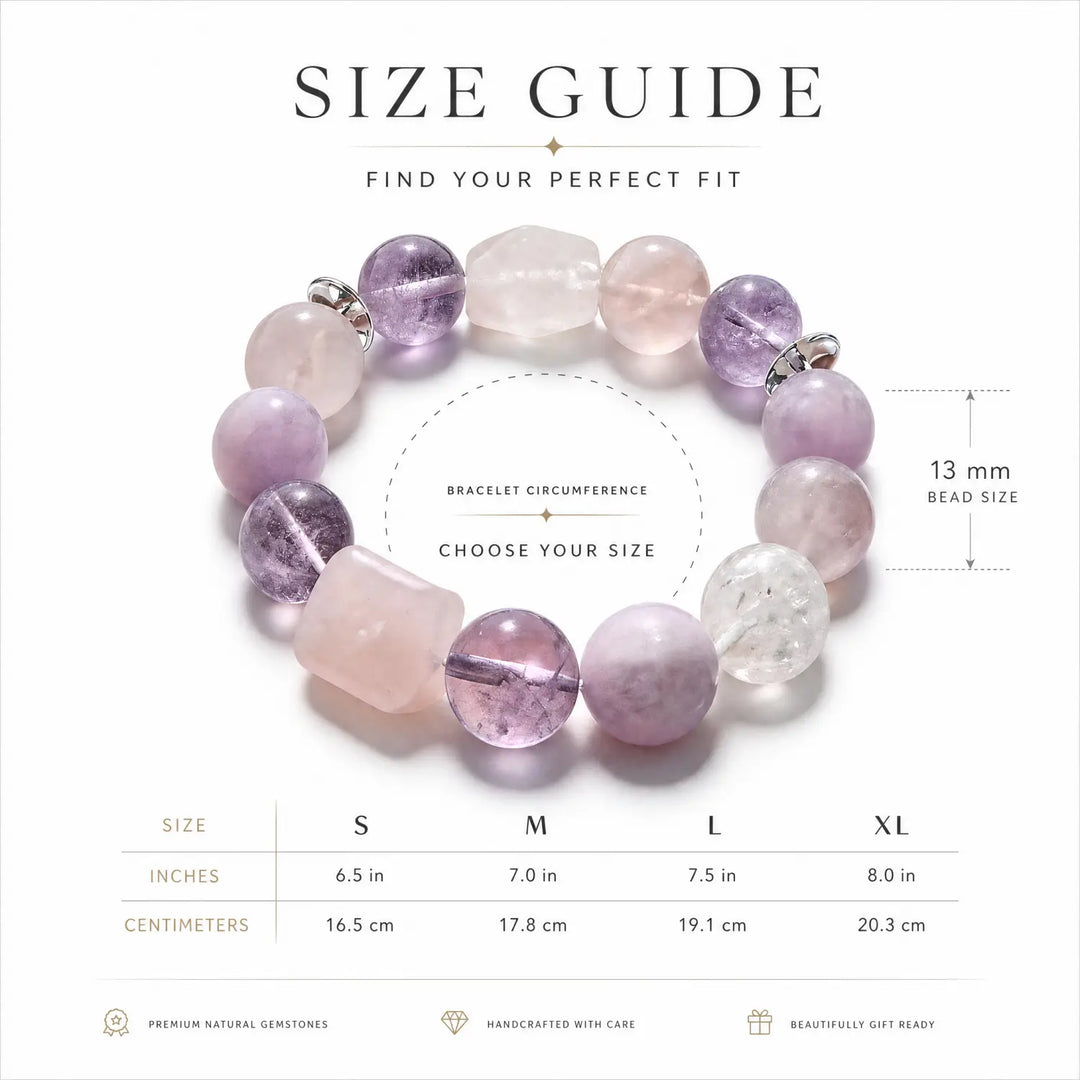 13mm Multi-Stone Crystal Bracelet with Amethyst, Rose Quartz, Clear Quartz - mixed crystal bracelet size chart wrist guide