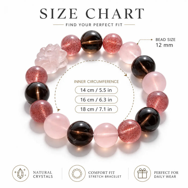 12mm Multi-Stone Crystal Bracelet with Rose Quartz, Strawberry Quartz, Smoky Quartz - mixed crystal bracelet size chart wrist guide