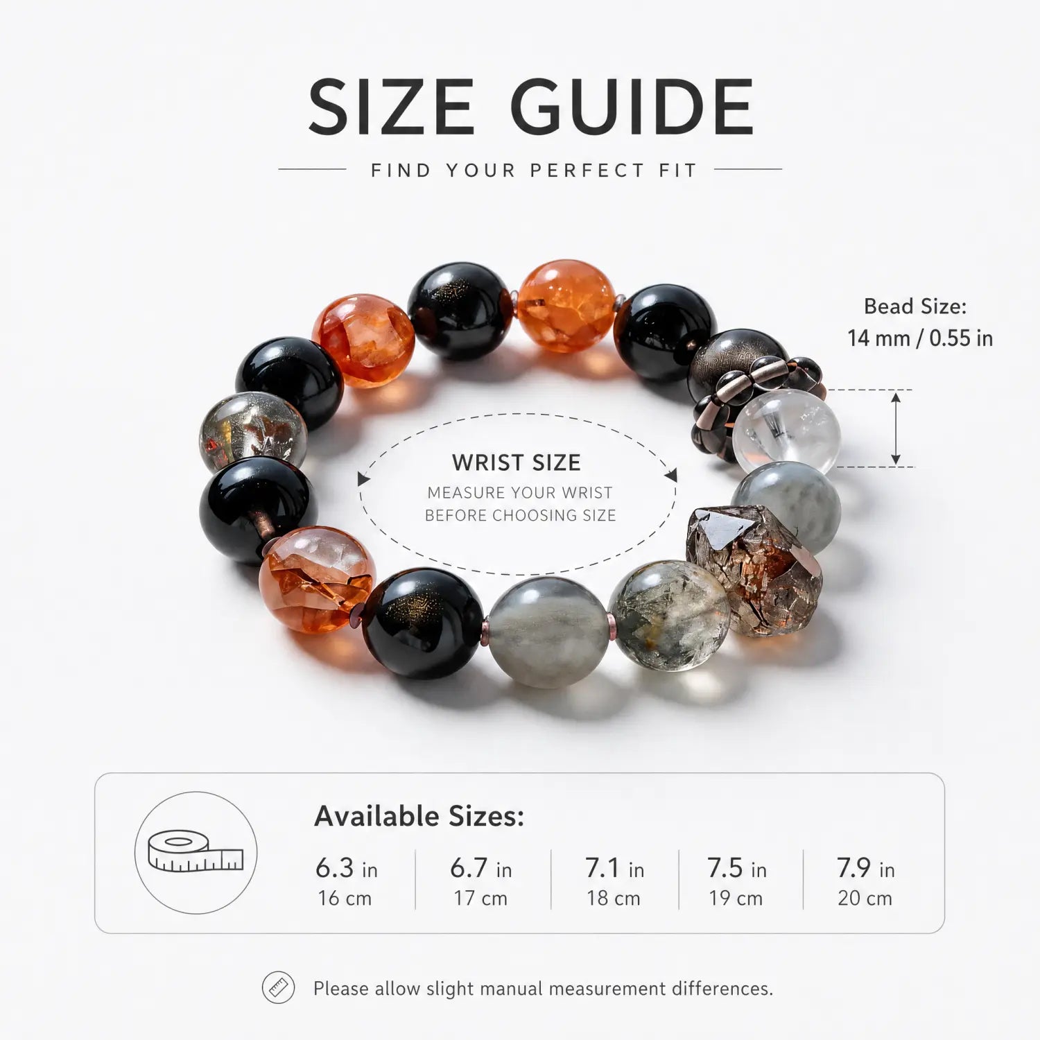 14mm Clear Quartz & Smoky Quartz & Obsidian Bracelet - 05 mixed crystal bracelet size chart wrist guide