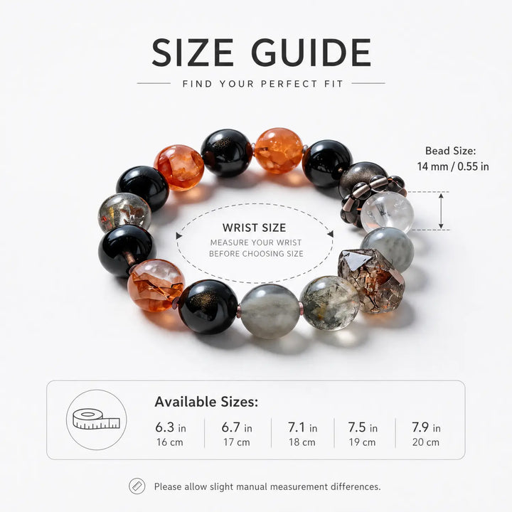 14mm Clear Quartz & Smoky Quartz & Obsidian Bracelet - 05 mixed crystal bracelet size chart wrist guide