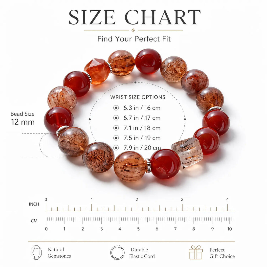 12mm Rutilated Quartz Bracelet - 05 mixed crystal bracelet size chart wrist guide