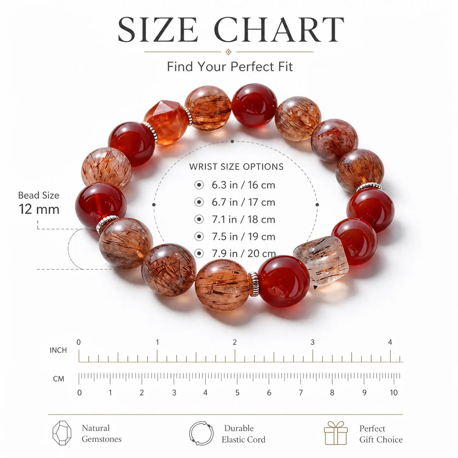 12mm Rutilated Quartz Bracelet - 05 mixed crystal bracelet size chart wrist guide