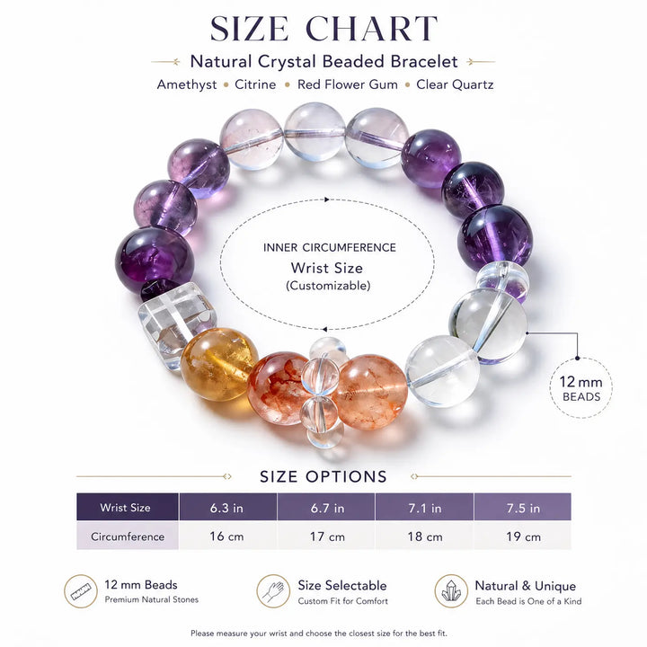 12mm Amethyst & Clear Quartz & Citrine Bracelet - 05 mixed crystal bracelet size chart wrist guide
