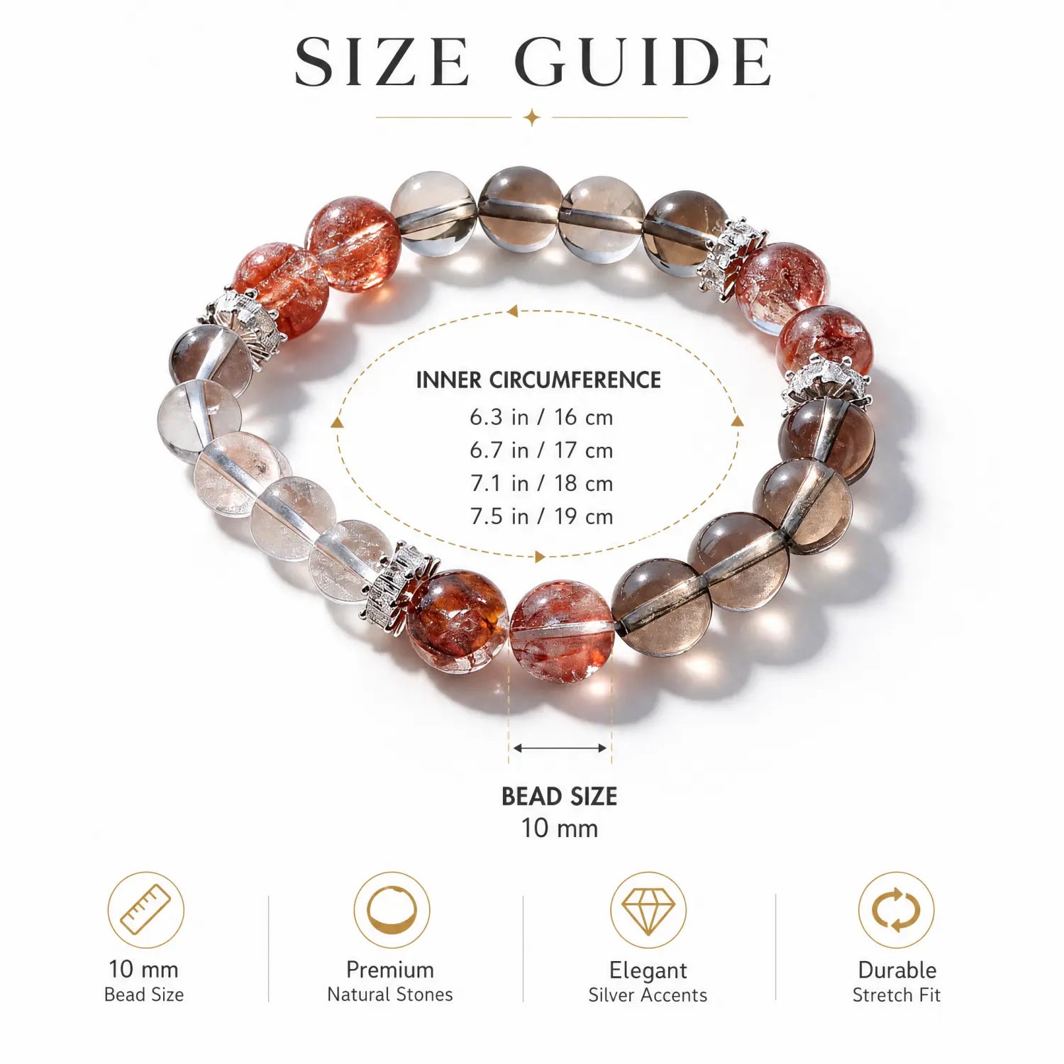 10mm Clear Quartz & Smoky Quartz Bracelet - 05 mixed crystal bracelet size chart wrist guide