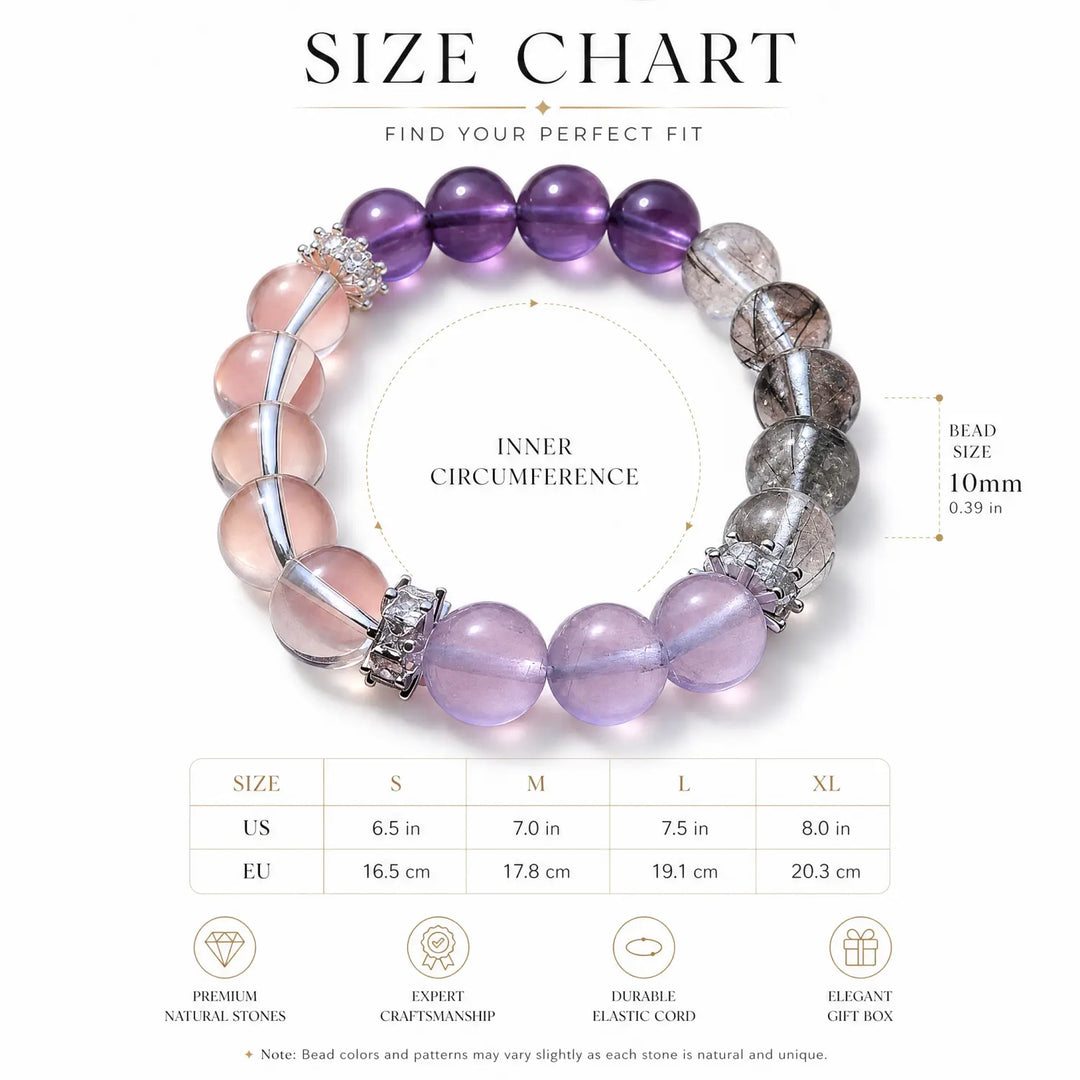 10mm Multi-Stone Crystal Bracelet with Amethyst, Black Rutilated Quartz, Rose Quartz - mixed crystal bracelet size chart wrist guide