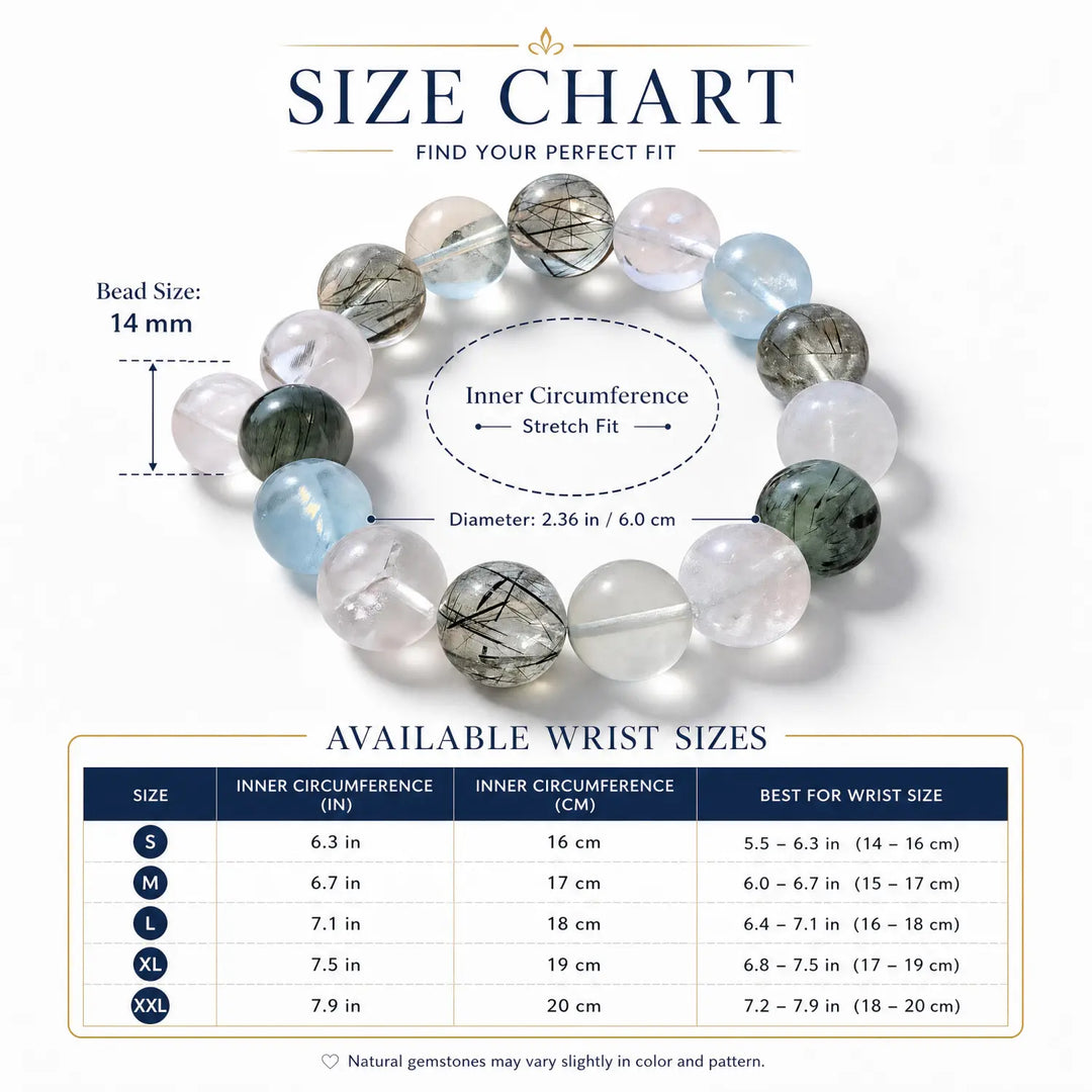 14mm Rose Quartz & Clear Quartz & Aquamarine Bracelet - 05 mixed crystal bracelet size chart wrist guide