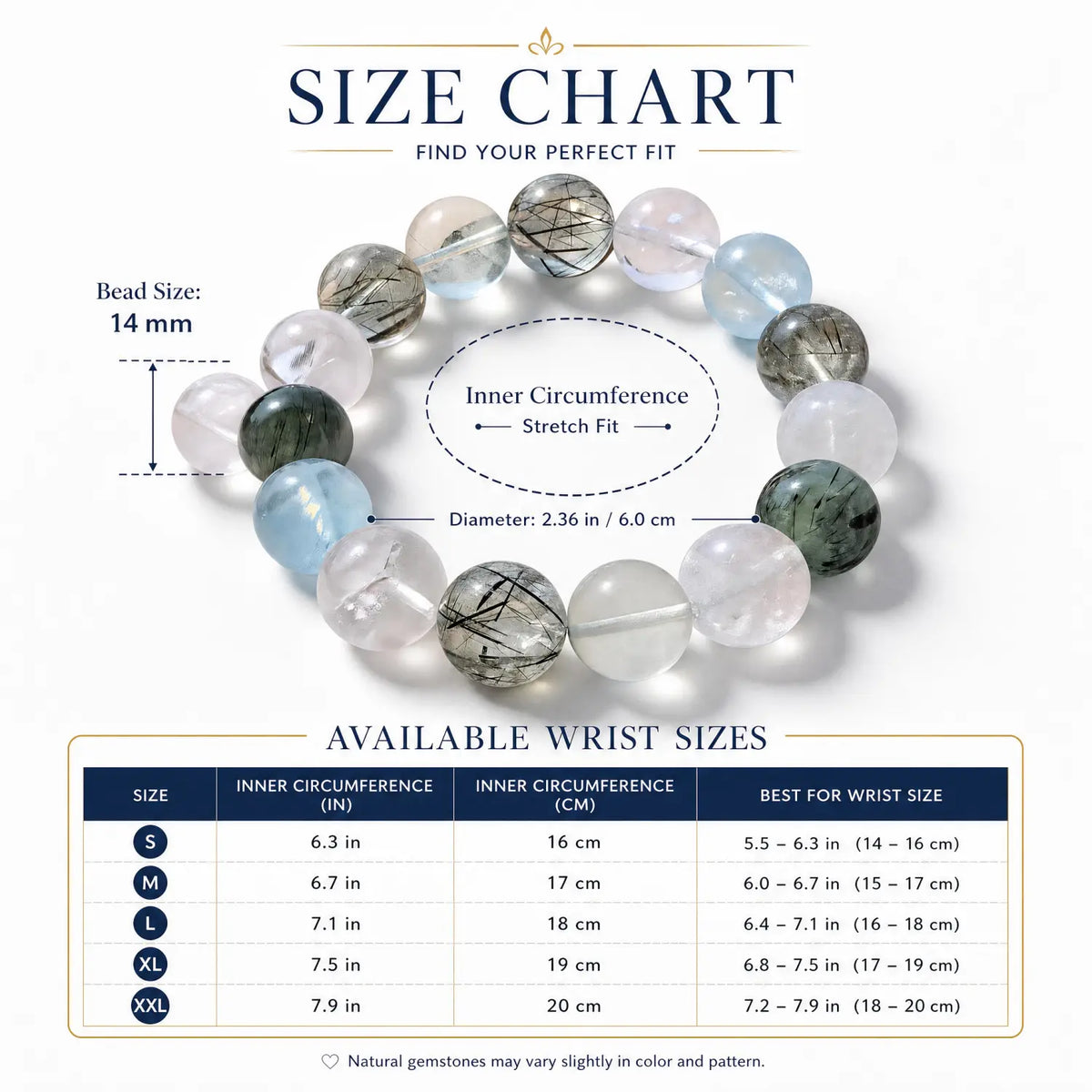 14mm Rose Quartz & Clear Quartz & Aquamarine Bracelet - 05 mixed crystal bracelet size chart wrist guide