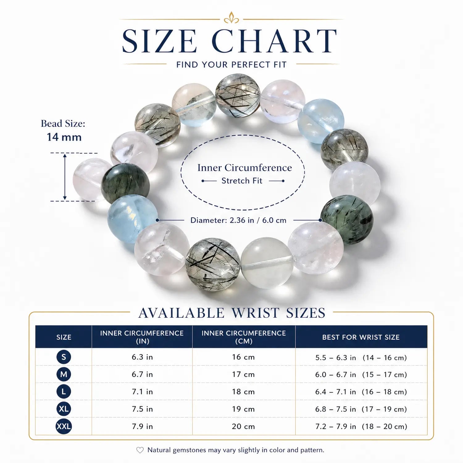14mm Rose Quartz & Clear Quartz & Aquamarine Bracelet - 05 mixed crystal bracelet size chart wrist guide