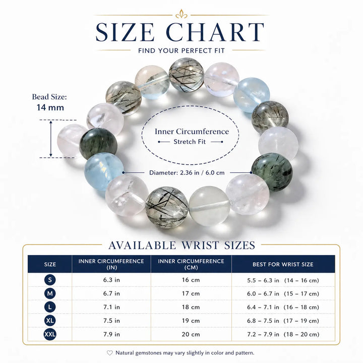 14mm Rose Quartz & Clear Quartz & Aquamarine Bracelet - 05 mixed crystal bracelet size chart wrist guide