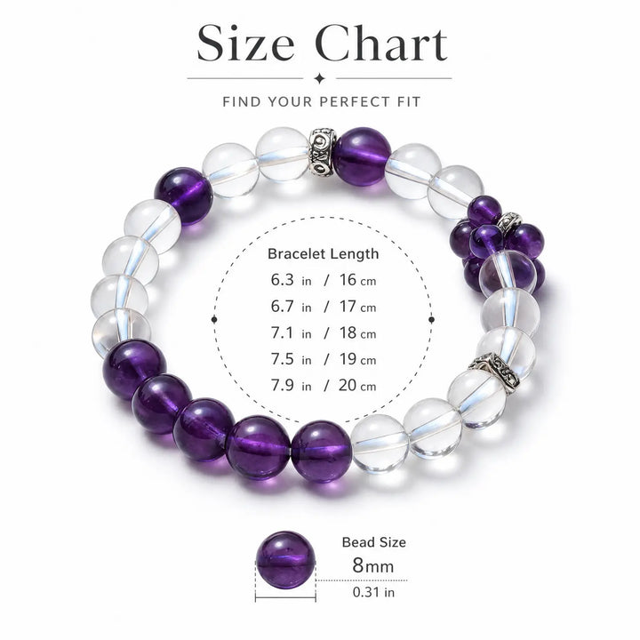 8mm Amethyst & Clear Quartz Bracelet - mixed crystal bracelet size chart wrist guide