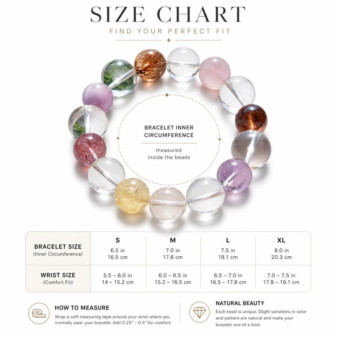 17mm Multi-Stone Crystal Bracelet with Amethyst, Rose Quartz, Clear Quartz - mixed crystal bracelet size chart wrist guide