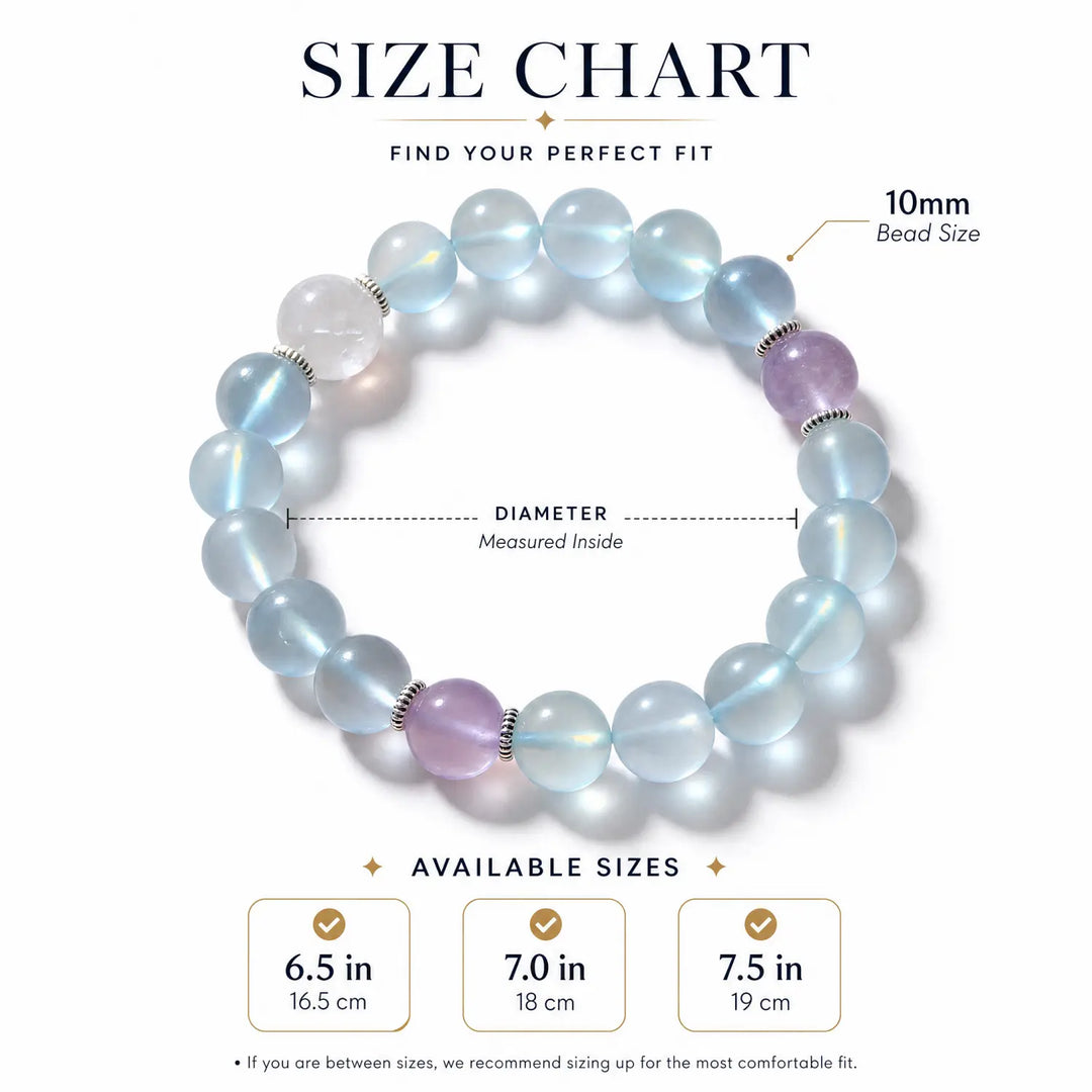 10mm Multi-Stone Crystal Bracelet with Clear Quartz, Aquamarine, Kunzite - opalite glass bracelet size chart wrist guide