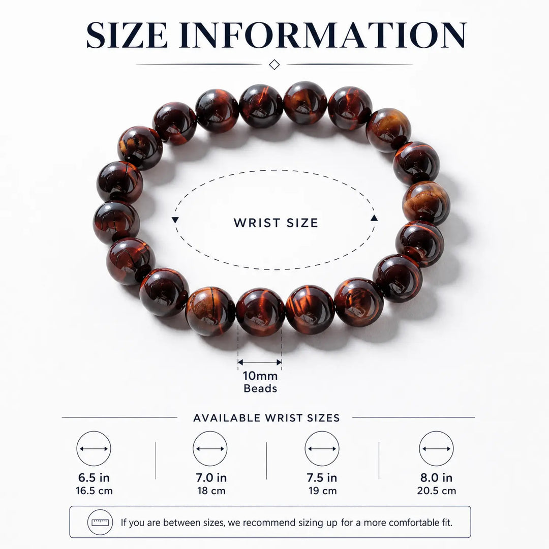 10mm Natural Tiger Eye Bracelet - red tiger eye bracelet size chart wrist guide