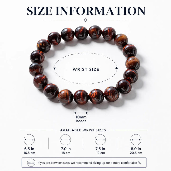 10mm Natural Tiger Eye Bracelet - red tiger eye bracelet size chart wrist guide