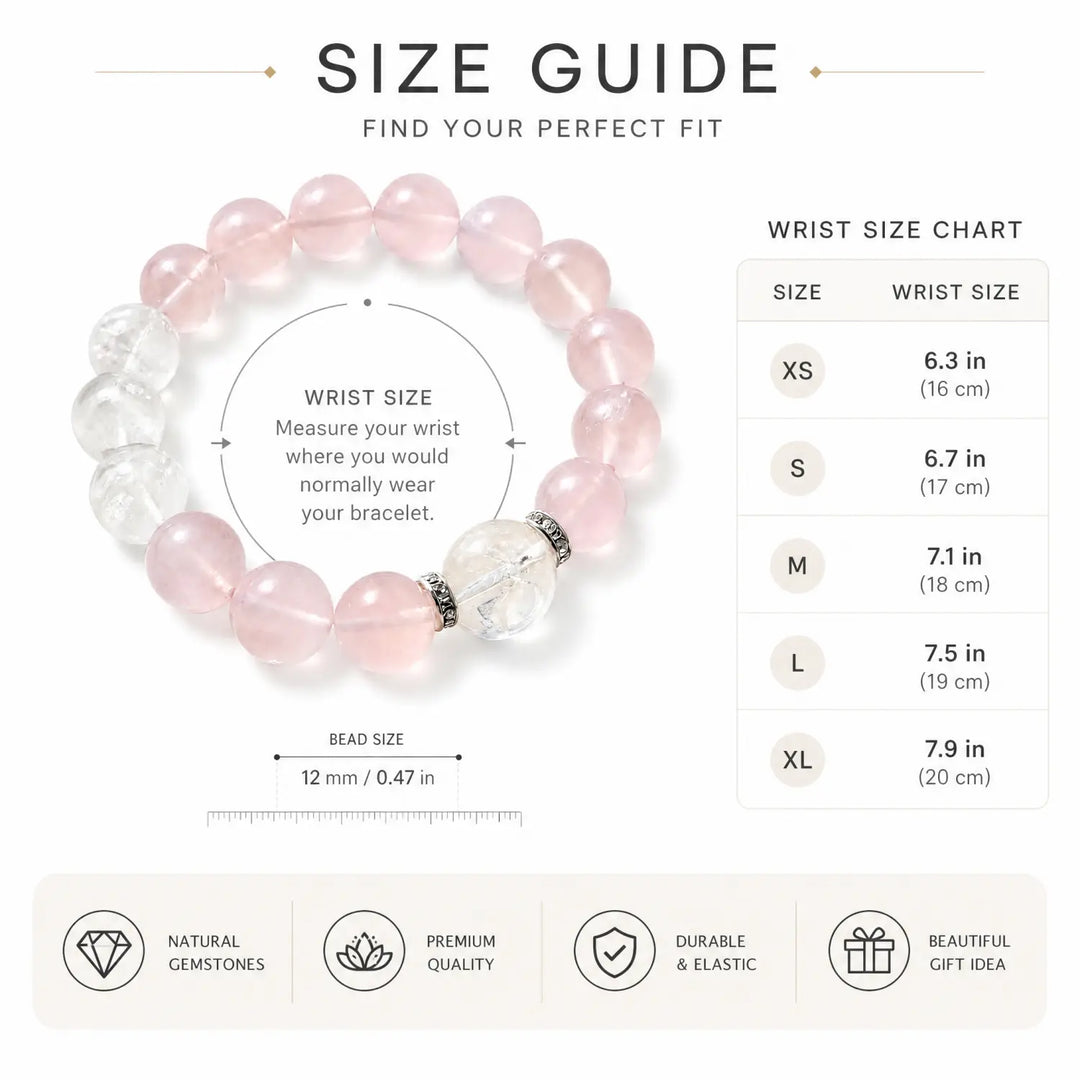 12mm Rose Quartz & White Phantom Quartz Bracelet - 05 rose quartz bracelet size chart wrist guide