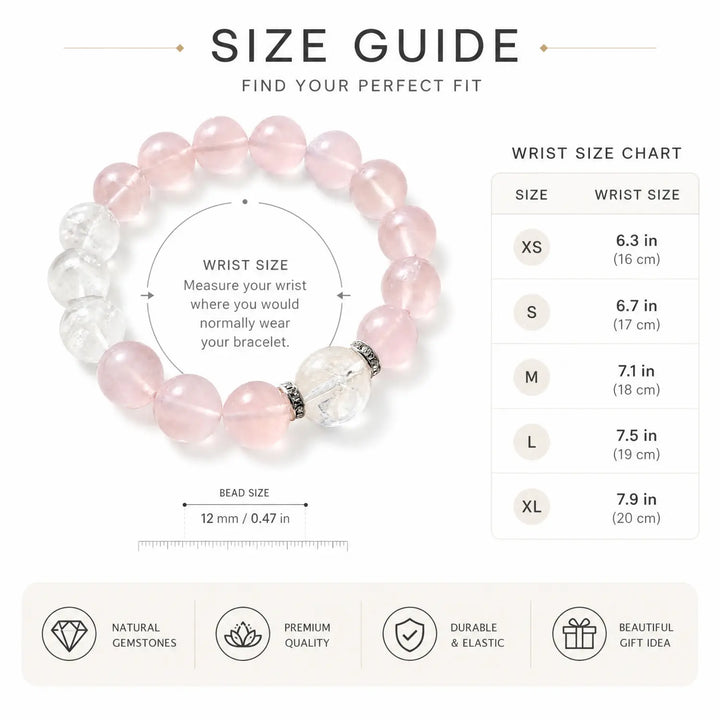 12mm Rose Quartz & White Phantom Quartz Bracelet - 05 rose quartz bracelet size chart wrist guide