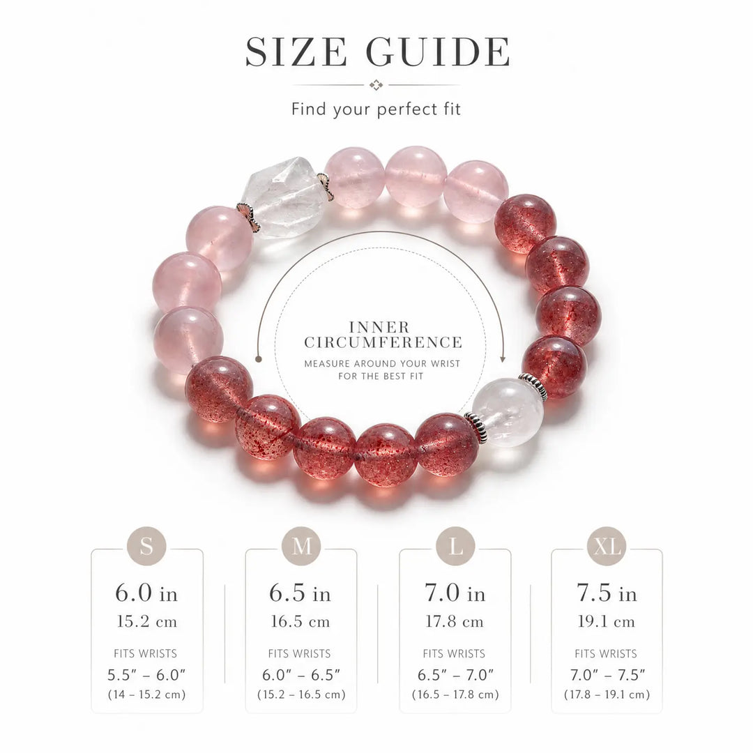 12mm Multi-Stone Crystal Bracelet with Rose Quartz, Clear Quartz, Strawberry Quartz - rose quartz bracelet size chart wrist guide
