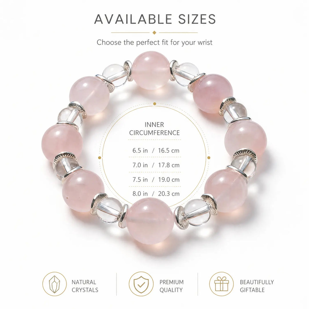14mm Rose Quartz & Clear Quartz Bracelet - rose quartz bracelet size chart wrist guide