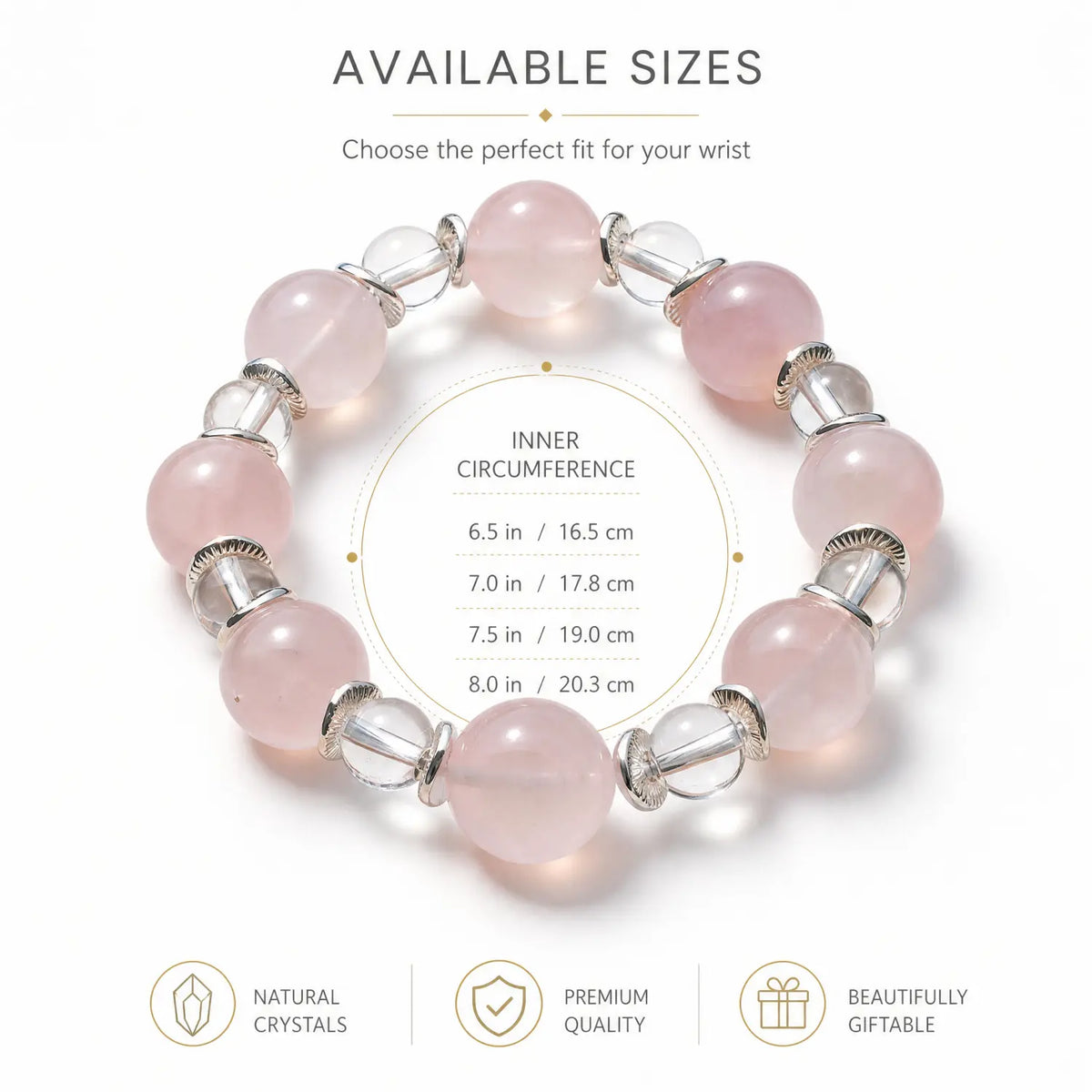 14mm Rose Quartz & Clear Quartz Bracelet - rose quartz bracelet size chart wrist guide