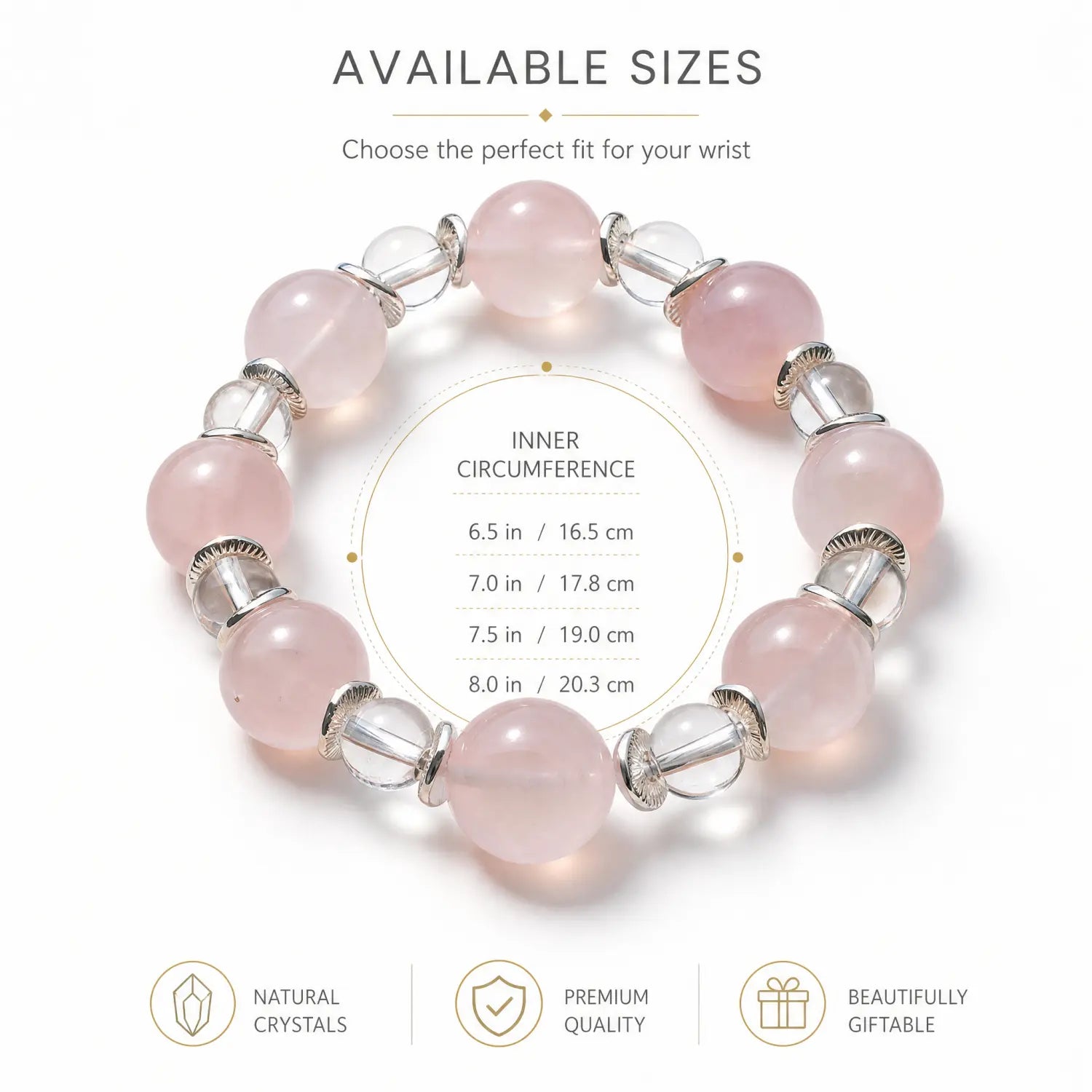 14mm Rose Quartz & Clear Quartz Bracelet - rose quartz bracelet size chart wrist guide