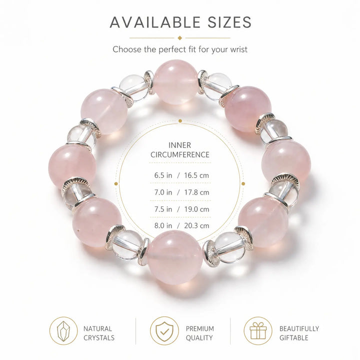 14mm Rose Quartz & Clear Quartz Bracelet - rose quartz bracelet size chart wrist guide
