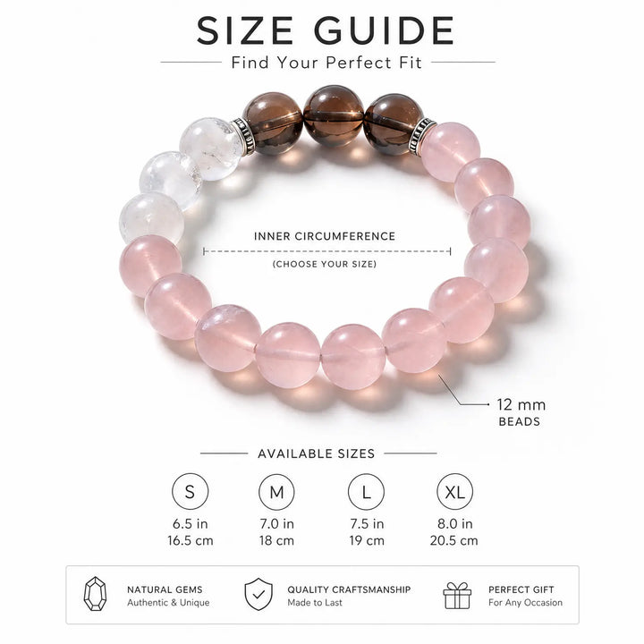 12mm Multi-Stone Crystal Bracelet with Clear Quartz, Rose Quartz, Smoky Quartz - rose quartz bracelet size chart wrist guide