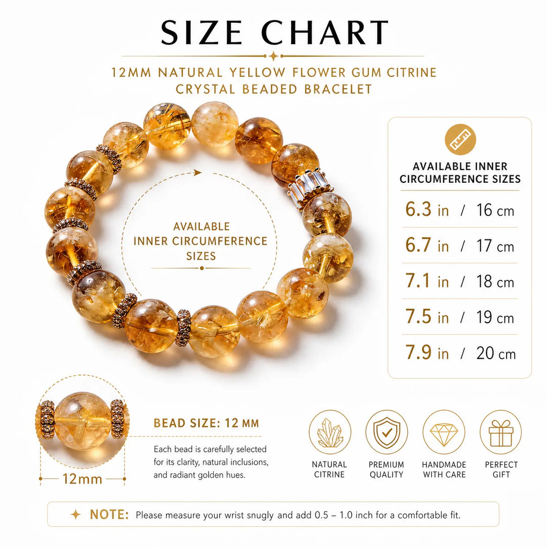 12mm Citrine & Rutilated Quartz Bracelet - 05 rutilated quartz bracelet size chart wrist guide