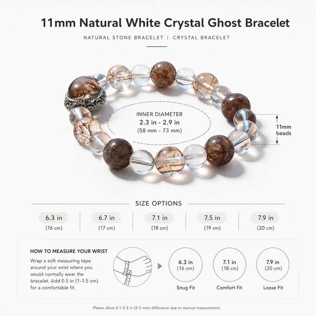 11mm Multi-Stone Crystal Bracelet with Clear Quartz, Copper Rutilated Quartz, Black Rutilated Quartz - rutilated quartz bracelet size chart wrist guide