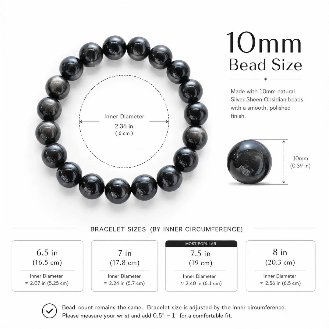 10mm Silver Obsidian & Obsidian Bracelet - silver sheen obsidian bracelet size chart wrist guide