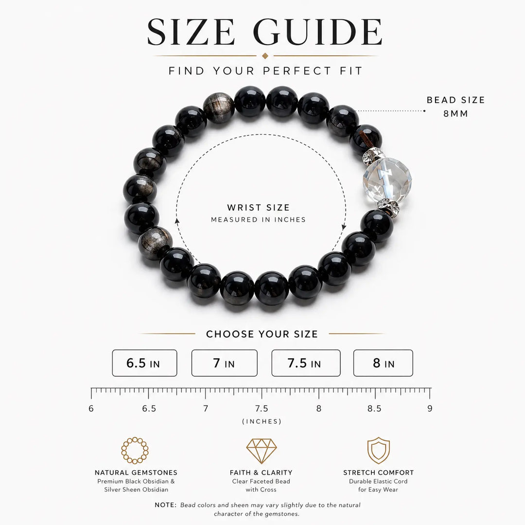 8mm Obsidian, Silver Sheen Obsidian & Clear Quartz Bracelet - silver sheen obsidian bracelet size chart wrist guide