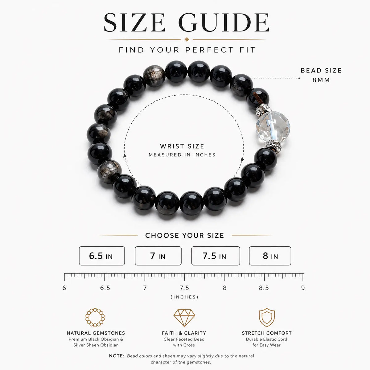 8mm Obsidian, Silver Sheen Obsidian & Clear Quartz Bracelet - silver sheen obsidian bracelet size chart wrist guide