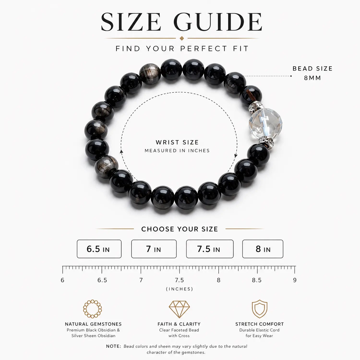 8mm Obsidian, Silver Sheen Obsidian & Clear Quartz Bracelet - silver sheen obsidian bracelet size chart wrist guide