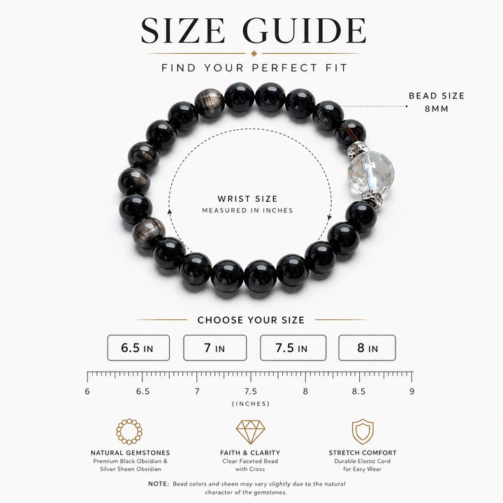 8mm Obsidian, Silver Sheen Obsidian & Clear Quartz Bracelet - silver sheen obsidian bracelet size chart wrist guide