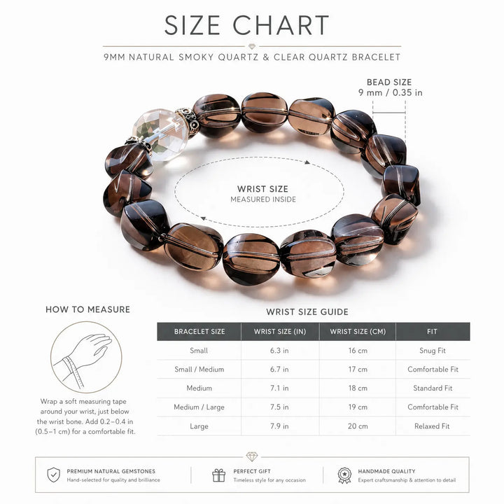 Clear Quartz & Smoky Quartz Bracelet - 05 smoky quartz bracelet size chart wrist guide