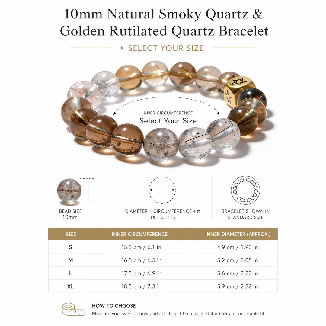 10mm Multi-Stone Crystal Bracelet with Clear Quartz, Rutilated Quartz, Smoky Quartz - smoky quartz bracelet size chart wrist guide