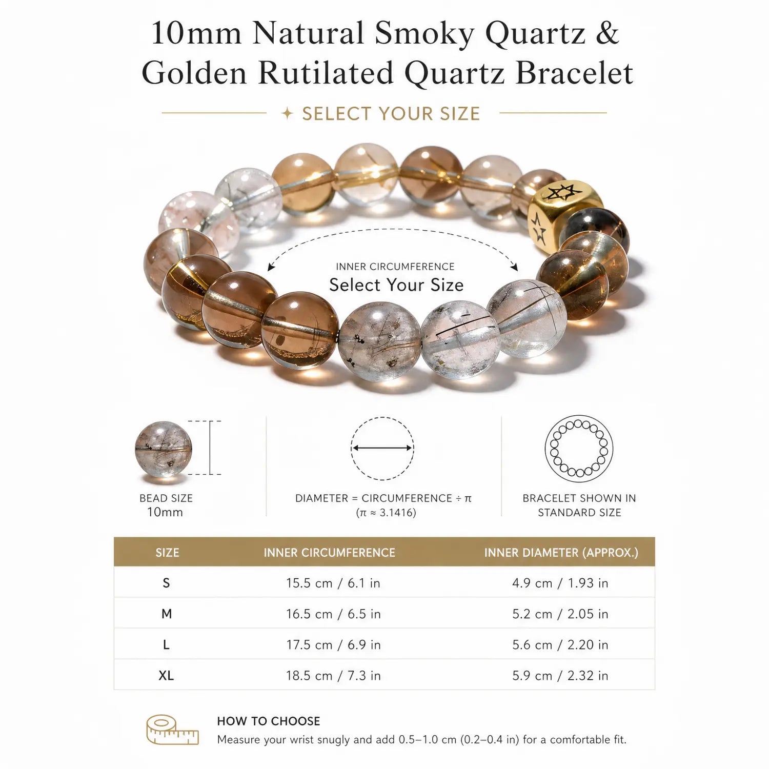 10mm Multi-Stone Crystal Bracelet with Clear Quartz, Rutilated Quartz, Smoky Quartz - smoky quartz bracelet size chart wrist guide