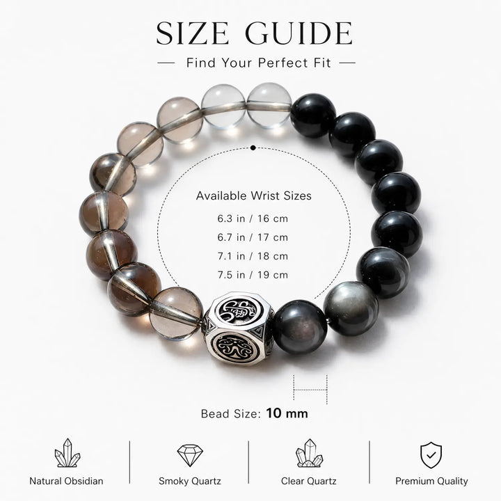 10mm Multi-Stone Crystal Bracelet with Clear Quartz, Obsidian, Smoky Quartz - smoky quartz bracelet size chart wrist guide