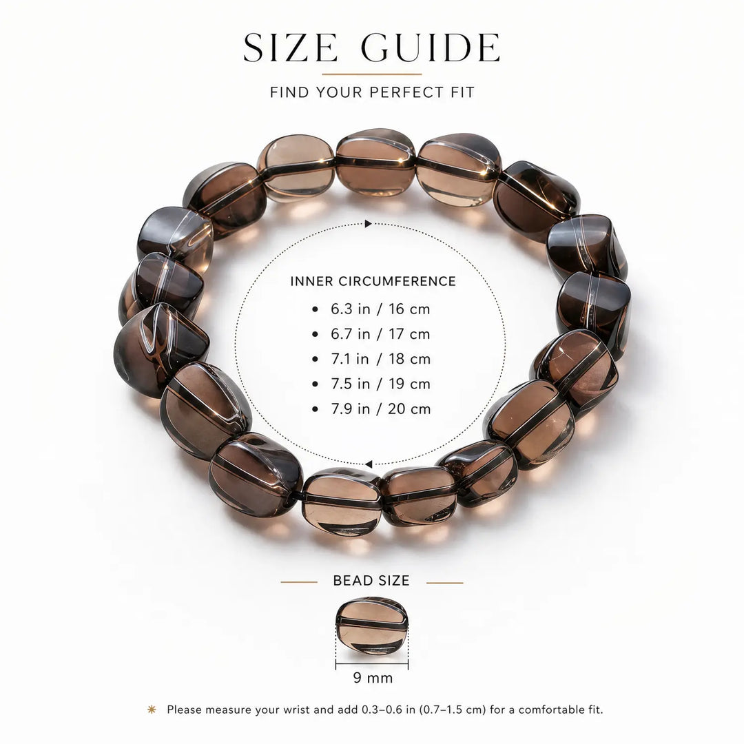 9mm Natural Smoky Quartz Bracelet - smoky quartz bracelet size chart wrist guide