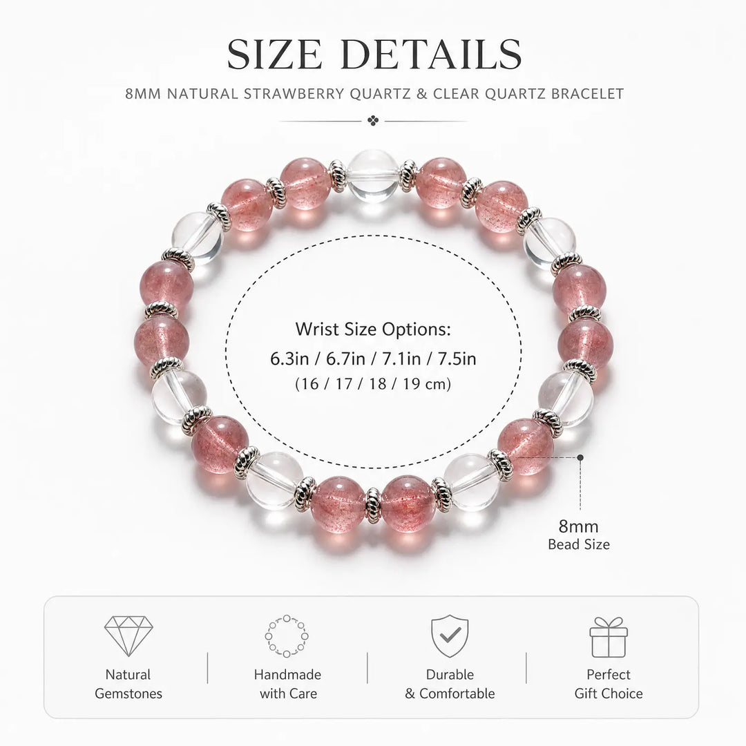 8mm Clear Quartz & Strawberry Quartz Bracelet - 05 strawberry quartz bracelet size chart wrist guide