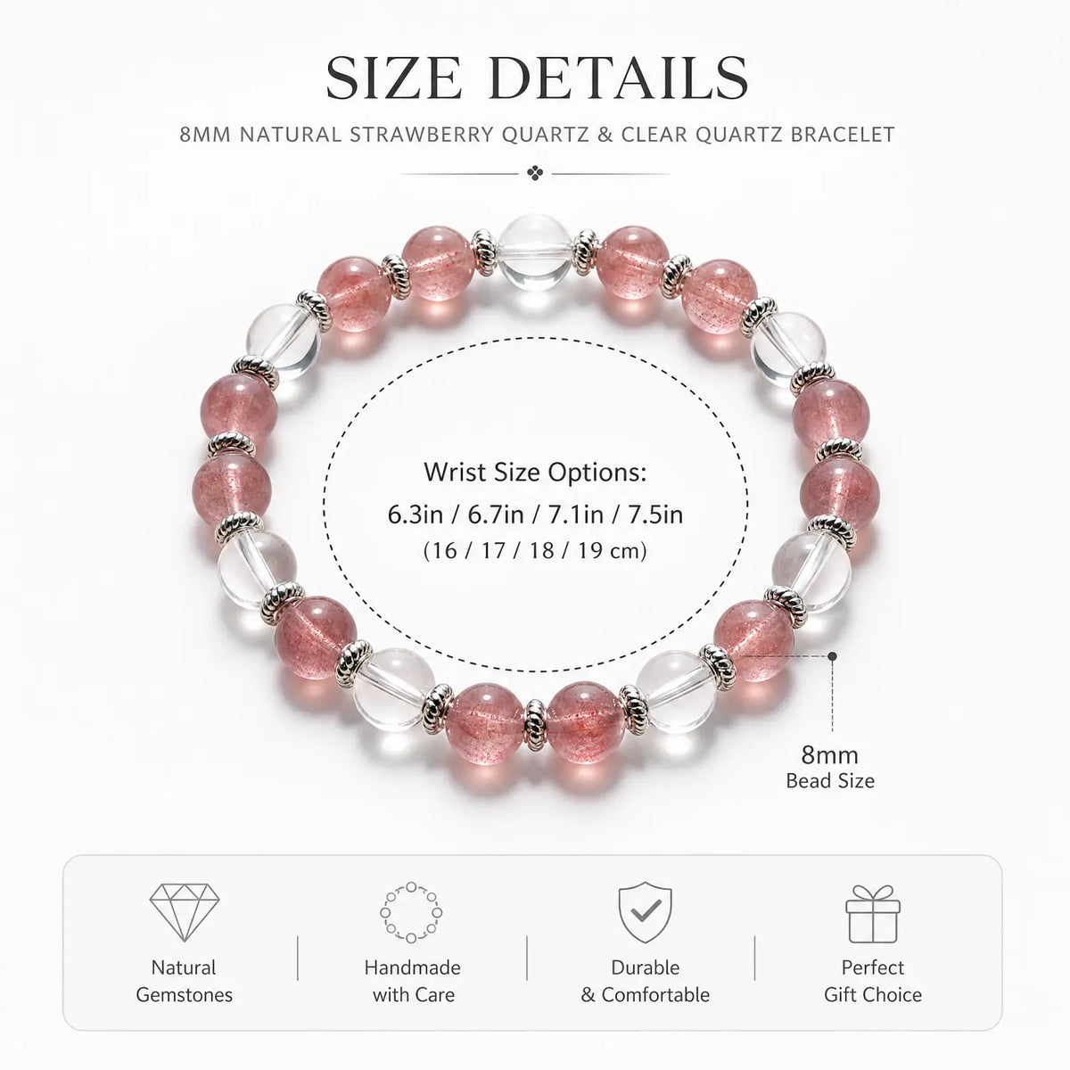 8mm Clear Quartz & Strawberry Quartz Bracelet - 05 strawberry quartz bracelet size chart wrist guide