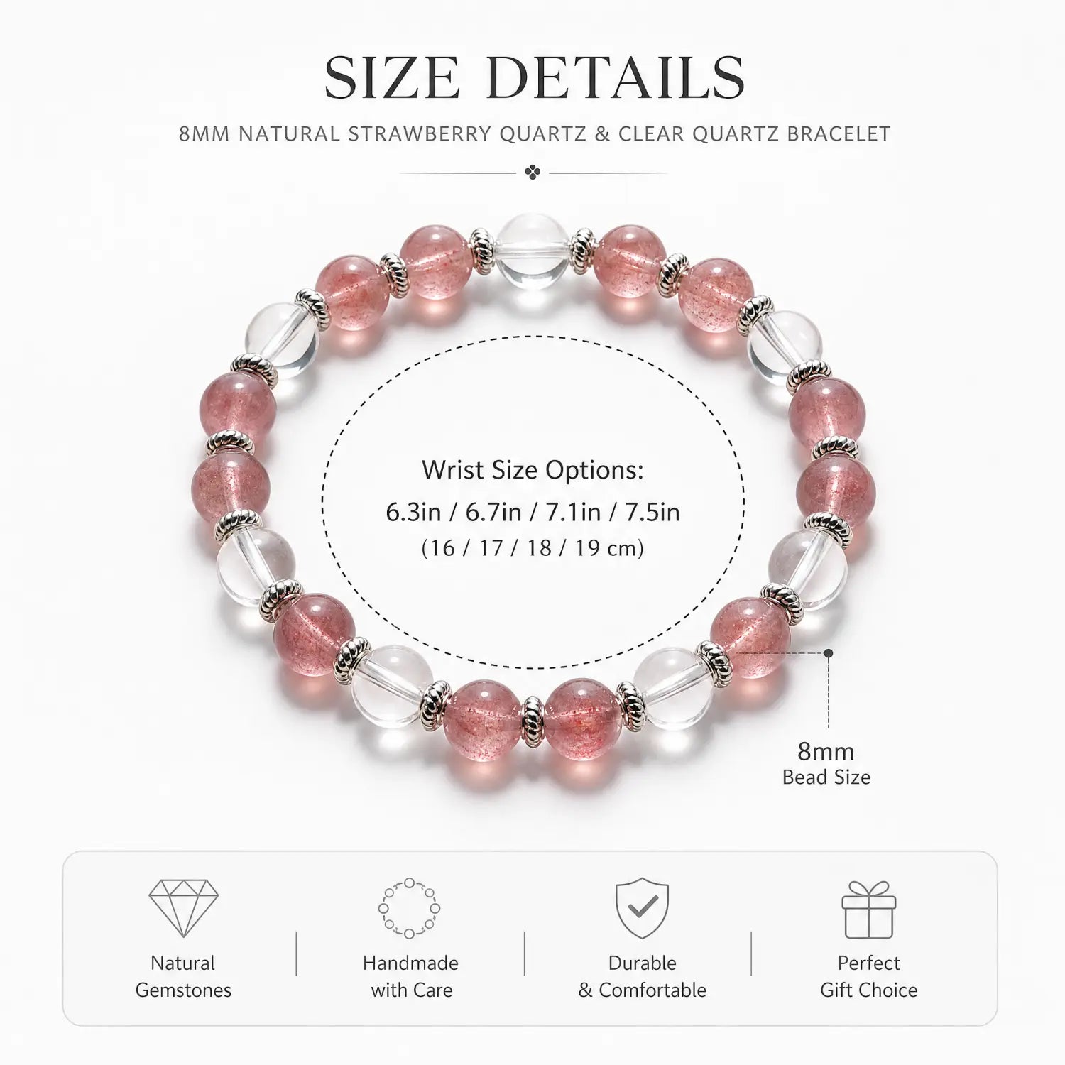 8mm Clear Quartz & Strawberry Quartz Bracelet - 05 strawberry quartz bracelet size chart wrist guide